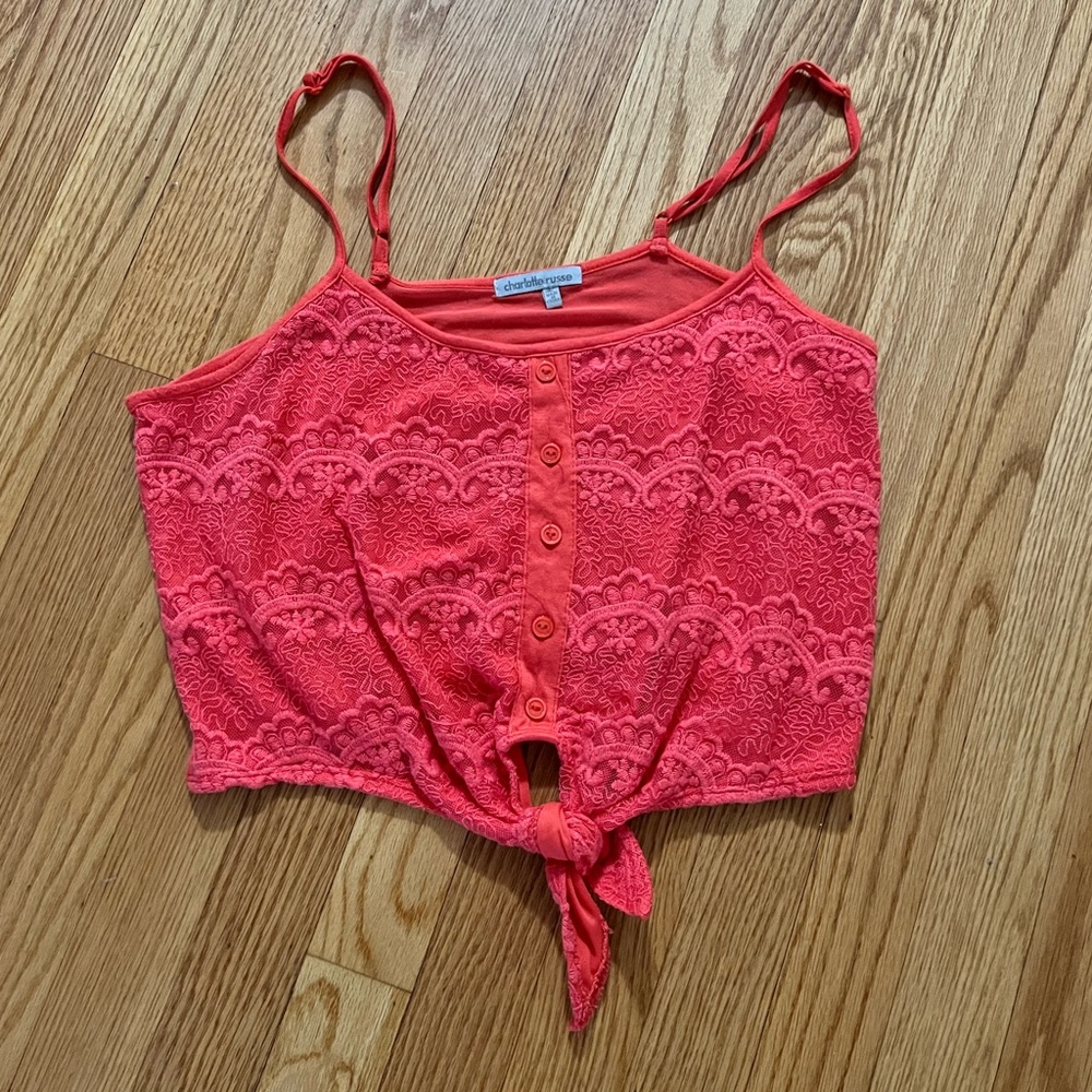 Coral, lace crop top
